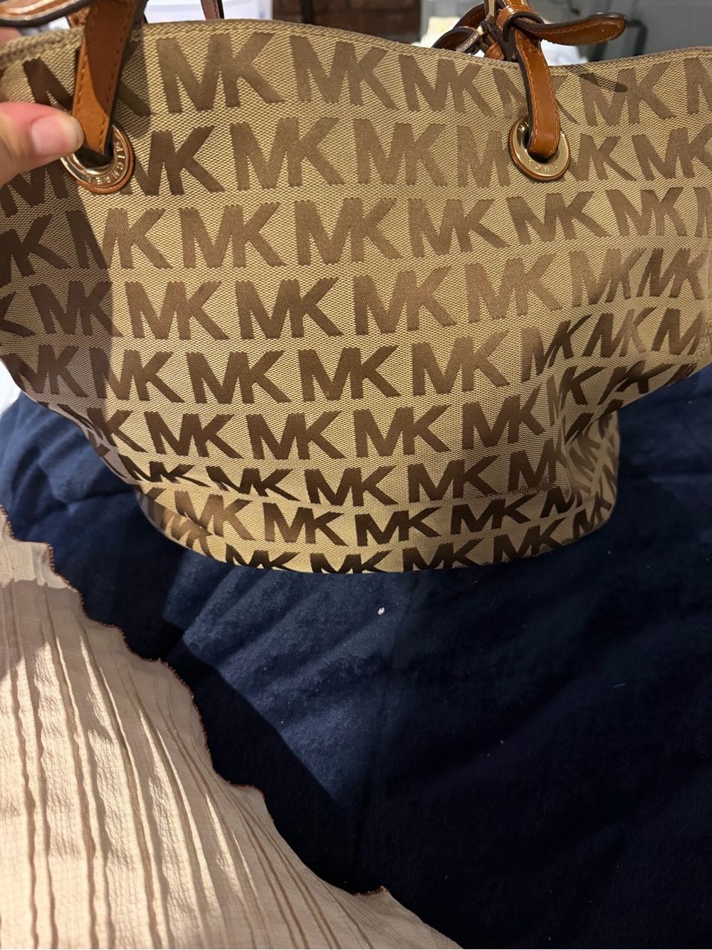 Michael Kors Brown Tan MK Logo Shoulder Tote